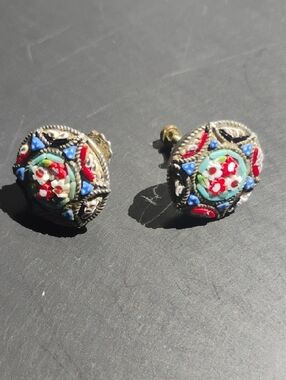 Vintage Mosaic Floral Stud Earrings - Multicolor 1950's Stamped "Italy"